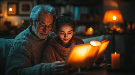 A heartwarming scene of a grandparent and grandchild sharing a story by candlelight, creating lasting memories together.