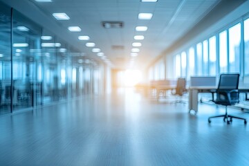 Blurred empty open space office. Abstract light bokeh at office interior background , ai