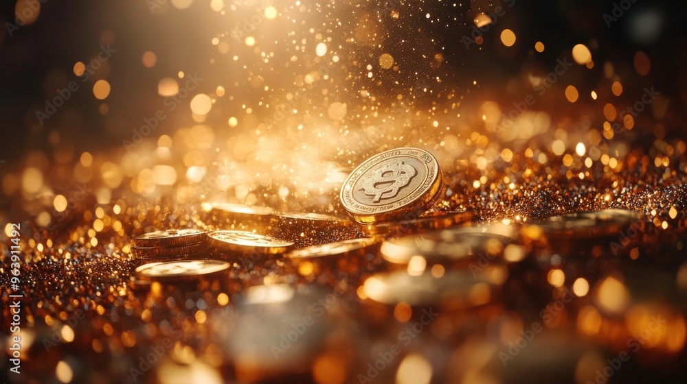 Poster abstract banking backgroun3d golden dollar coins jumping up an3d down in slow motion looping 3d vert