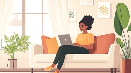 9. A young woman with a laptop, sitting in a bright, minimalist living room, having a telemedicine consultation with a doctor, appearing engaged and attentive.