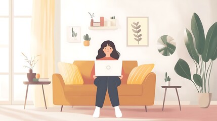 9. A young woman with a laptop, sitting in a bright, minimalist living room, having a telemedicine consultation with a doctor, appearing engaged and attentive.