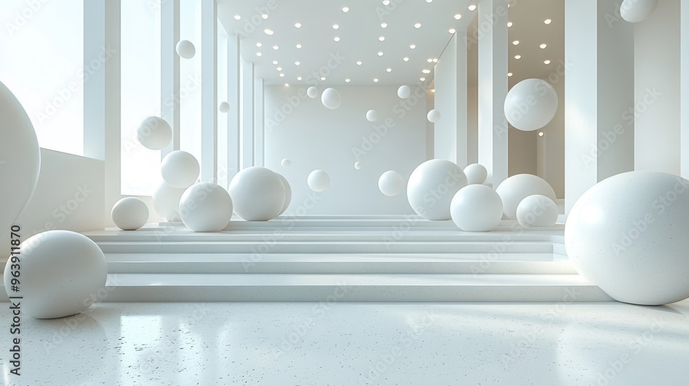 Poster abstract minimalist white backgroun3d flat geometric shapes linke3d together spin an3d rotate cycle3