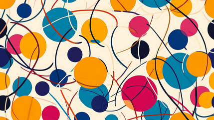 Abstract colorful pattern with circles and lines on a cream background.