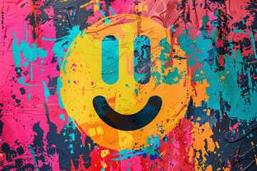 Modern creative abstract background with colored graphic emoticon. Digital texture with symbol emotion icon in modern style. Contemporary art poster. Fashion aesthetic culture. Funky unusual design.

