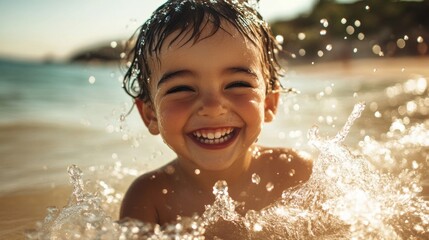 Obraz premium Joyful Boy Splashing in the Ocean at Sunset on the Beach