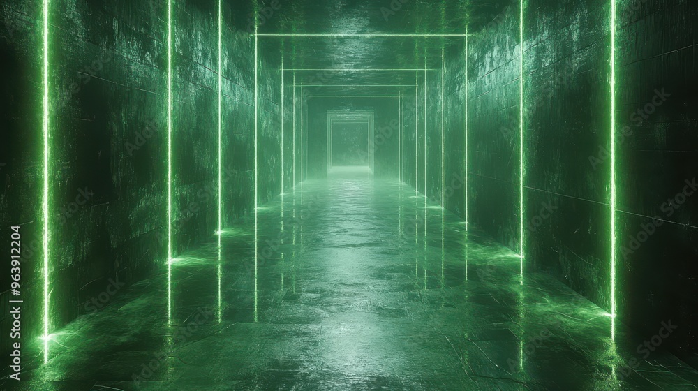 Poster cycle3d 3d animation abstract futuristic neon backgroun3d green glowing lines leave trails move down