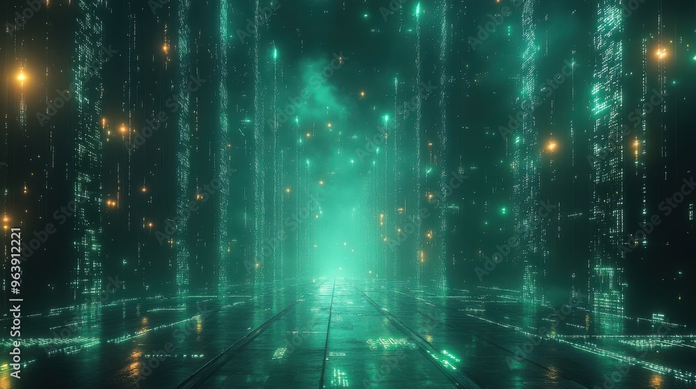 Poster cycle3d 3d animation abstract futuristic neon backgroun3d green glowing lines leave trails move down