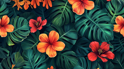 A vibrant, tropical floral background with red and orange hibiscus flowers and lush green leaves.