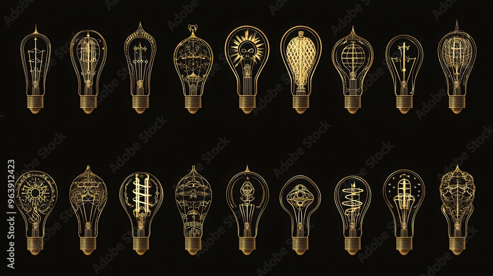 Poster golden lightbulbs with intricate patterns on black background