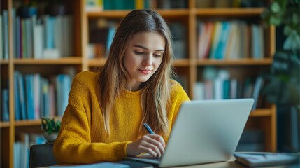 Woman working on a laptop in a library with books and a bookshelf