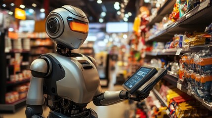 Robotic Retail Assistant Scanning Store Shelves with Digital Display