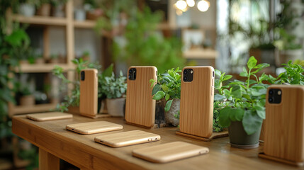 A serene workspace featuring wooden phone stands and lush green plants, perfect for modern and eco-friendly designs.