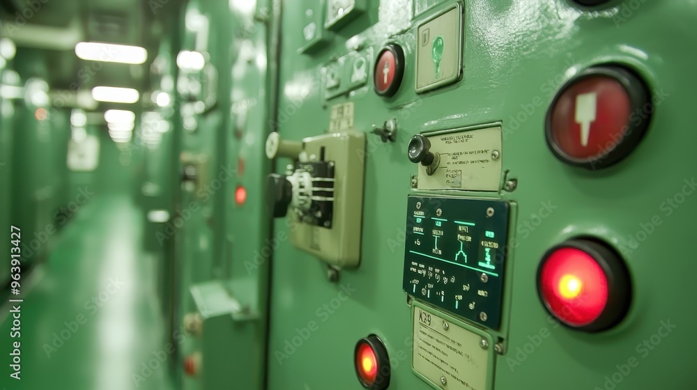 Poster industrial control panel with red buttons and switches