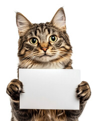 Cat with a blank sign on white背景, cut out - stock png.