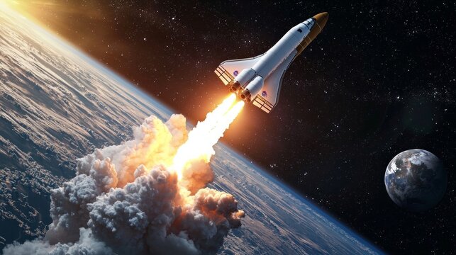 Space rocket takes off from mobile device with smoke, creative idea. Application and optimization, concept. Acceleration and successful startup