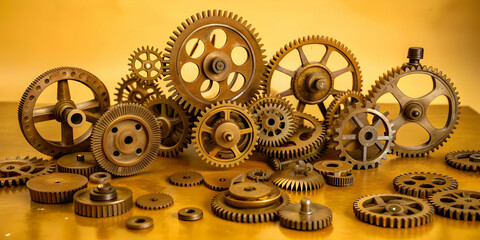A vintage workshop filled with rusty gears, worn tools.