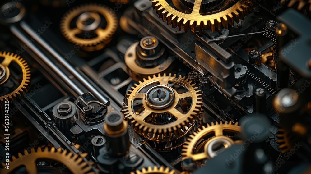 Poster close up of gold gears and cogs in a machine