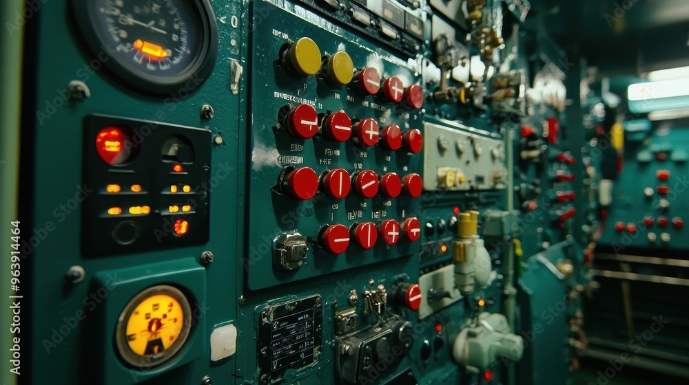 Poster industrial control panel with red buttons gauges and switches
