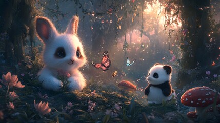 An Adorable and Whimsical Wallpaper Featuring a Group of Playful Cartoon Animals in a Pastel Wonderland