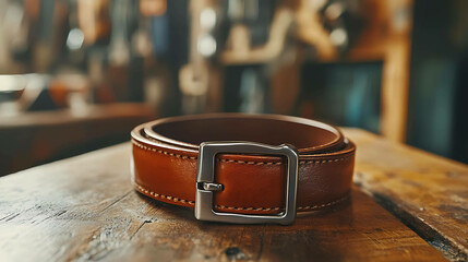 A brown leather belt with a silver buckle resting on a wooden surface.