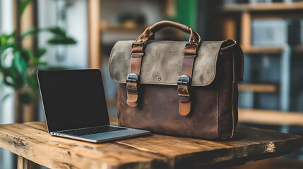 A brown leather briefcase sits next to a laptop computer on a wooden table.