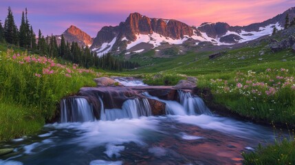 Fototapeta premium Majestic Mountain Waterfall at Sunset in Lush Alpine Meadow