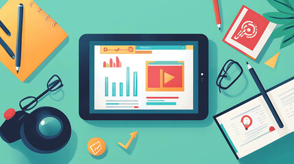 Obraz premium Flat lay image of a tablet displaying graphs and video player, with work supplies around it.