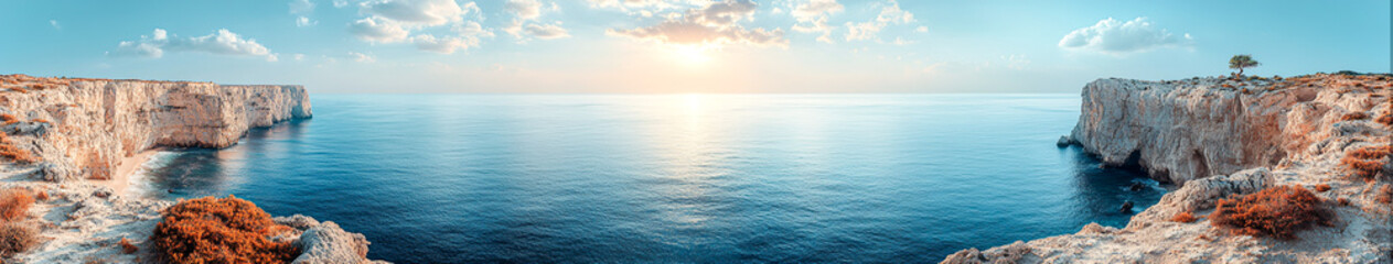 Obraz premium Majestic Cliffside Overlooking Distant Ocean - Scenic View with Cloud-Filled Sky