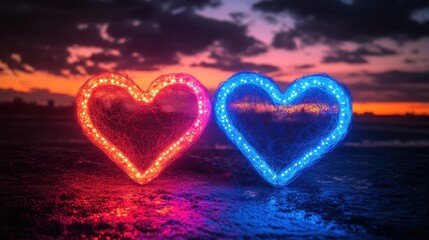 pink blue neon light drawing couple of hearts romantic symbols abstract doodles isolate3d on black backgroun3d glowing single line art modern minimal concept festive for valentine day
