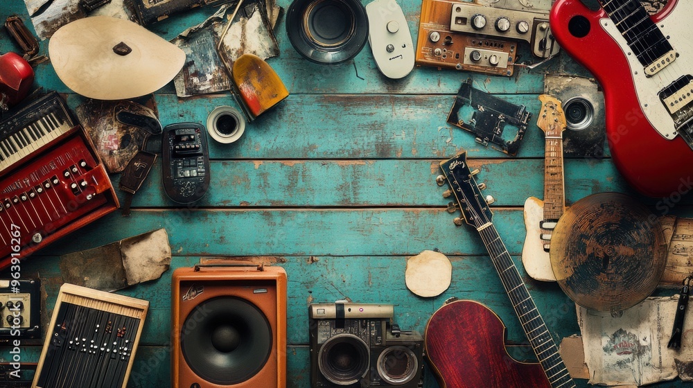 Poster musical equipment and instruments in a recording studio setup