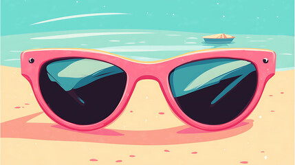 Pink sunglasses resting on the beach sand with a view of the ocean.