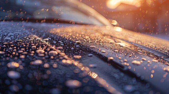 A detailed view of tiny hailstones on a dark car surface following a summer storm, captured in daylight with selective focus.