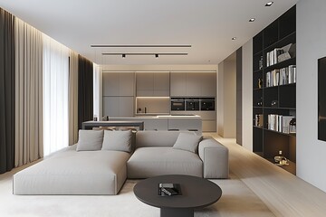 Modern Minimalist Living Room with Open Kitchen Design