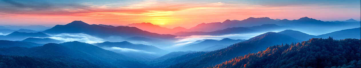 Majestic Misty Mountain Ranges: Dramatic  Landscape at Sunrise with Rolling Clouds 