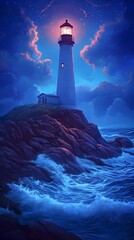 A Lighthouse Standing Tall on a Rocky Coast Under a Starry Sky