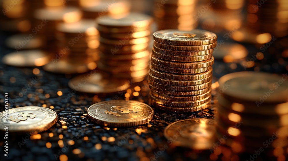 Aufkleber shiny gol3d dollar coins appear stack in columns that grow on a black backgroun3d then fall down pro