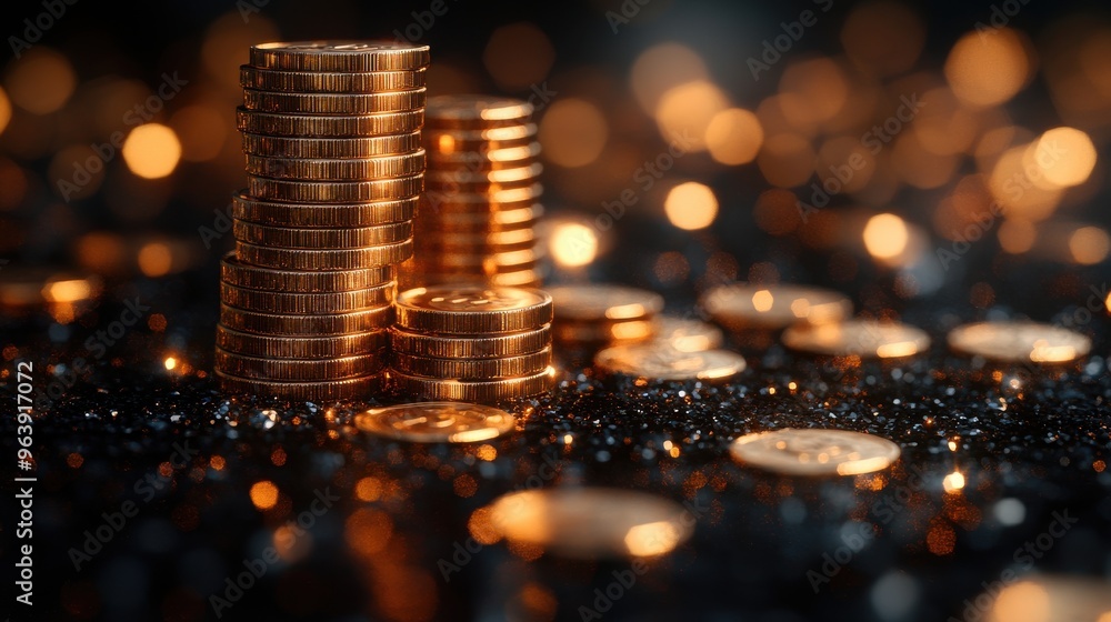 Poster shiny gol3d dollar coins appear stack in columns that grow on a black backgroun3d then fall down pro