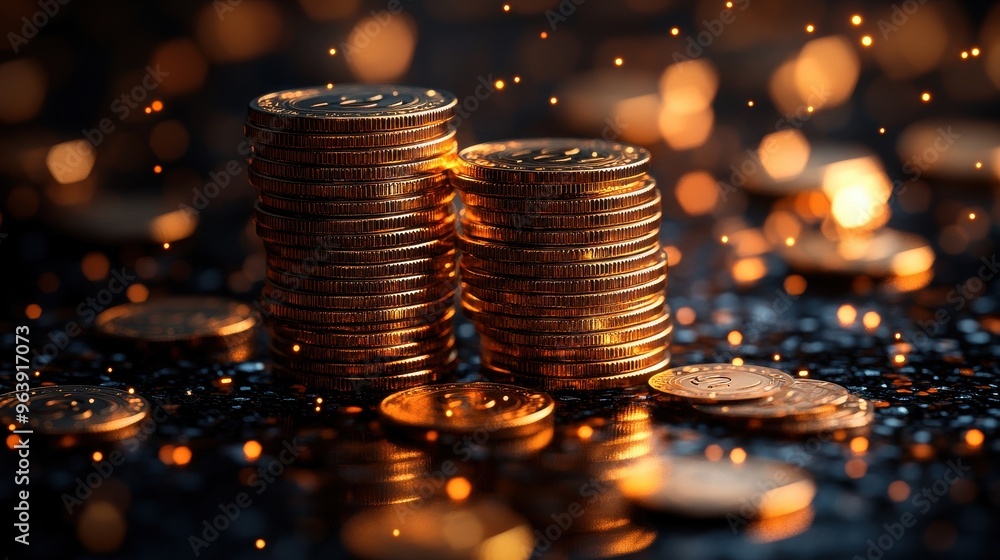 Poster shiny gol3d dollar coins appear stack in columns that grow on a black backgroun3d then fall down pro