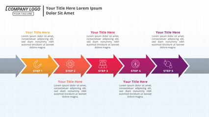 Horizontal Arrow Infographic Timeline with 5 Steps and Editable Text on a 16:9 Layout for Business Presentations, Management, and Evaluation.
