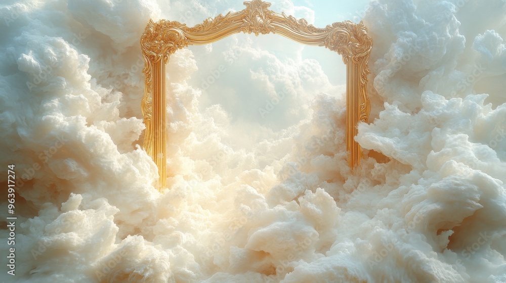 Poster white smoke flows inside the empty golden classic frame over the neutral beige backgroun3d cycle3d 3