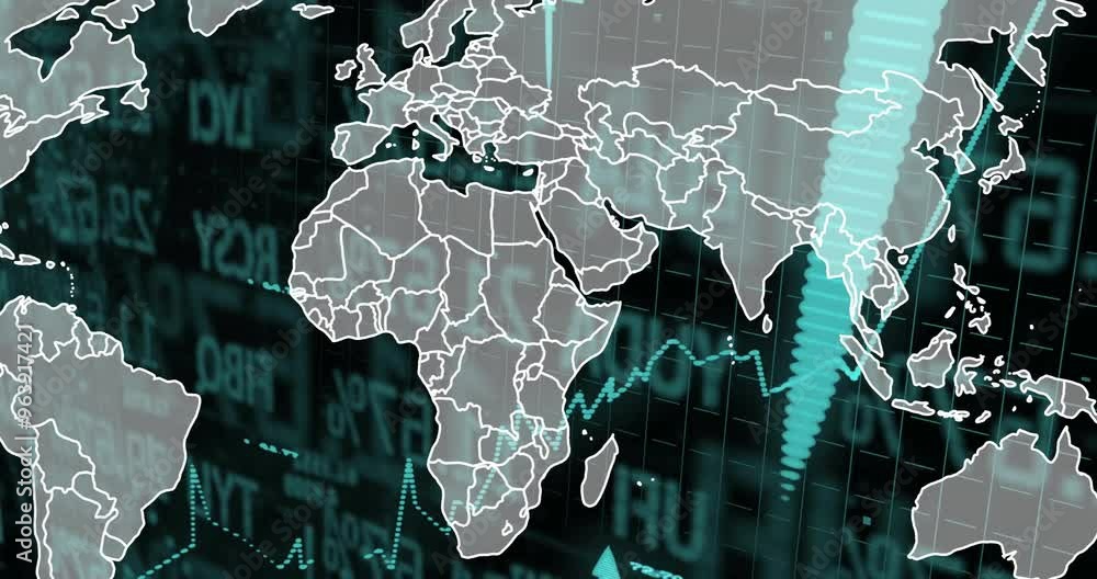 Poster animation of world map over arrows and data processing on black background