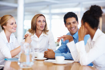 Business people, teamwork and planning in meeting, conversation and ideas for project. Group, employees and coworkers with support, sales and cooperation for proposal, discussion and collaboration