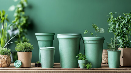 Fototapeta premium Collection of green plant pots arranged on a wooden surface, featuring vibrant greenery against a calming green backdrop.