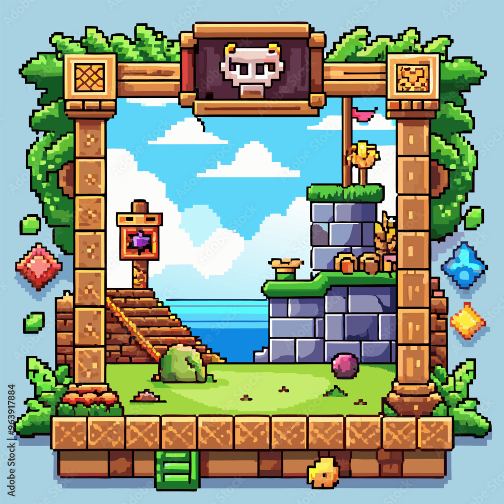 Poster colorful pixel art game level with floating island and decorative elements