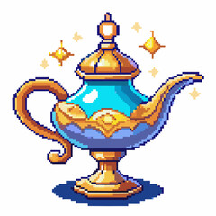 Pixel Art Magic Lamp with Golden Details and Sparkling Stars