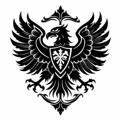 Intricate Black Heraldic Eagle Emblem with Shield in Vector Design