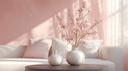 Close-up of the elegant living room with a white sofa and pink flower in a marble vase on the tabletop with a pink wall backdrop