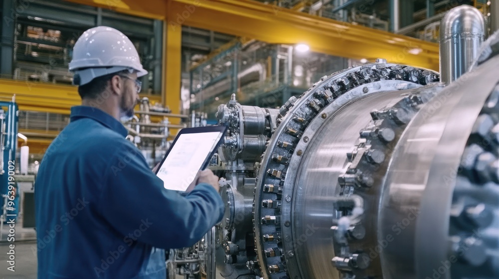 Poster engineers monitoring a large hydrogen generator in an industrial setting, ensuring efficient power g