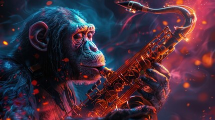 Chimp Jazz: Vector Illustration of Saxophone-Playing Chimpanzee in Colorful Music Print Design