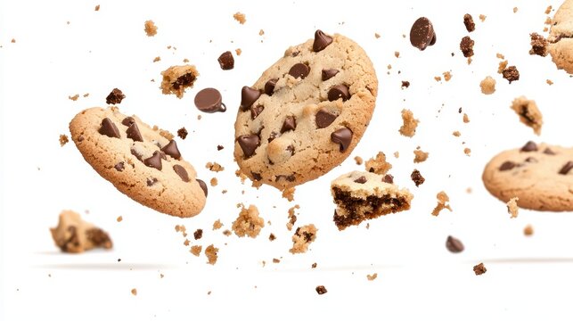 Chocolate Chip Cookies Crumbling and Falling in Mid Air